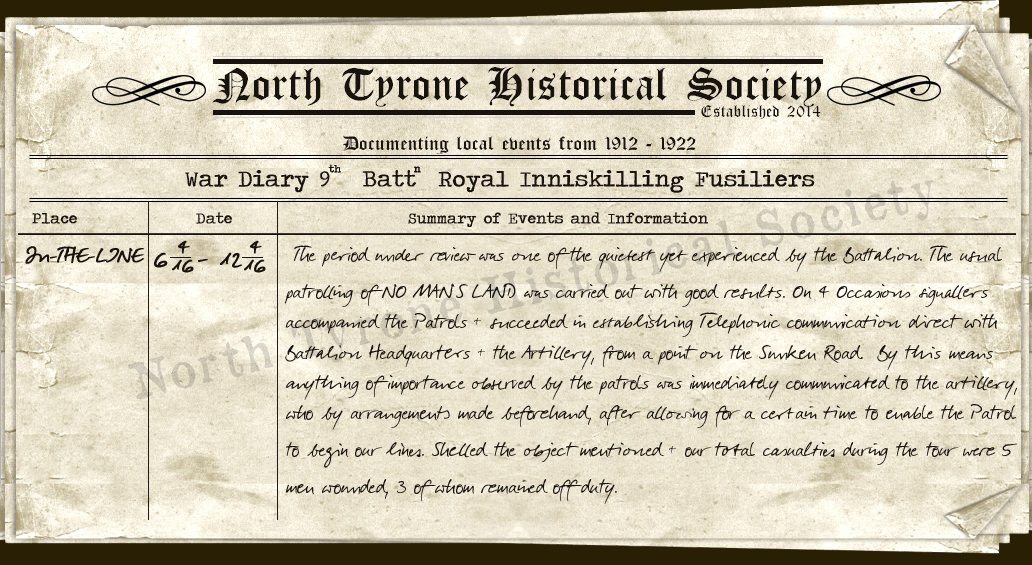 SommeMemHall's tweet photo. War Diary 9th Battn Royal Inniskilling Fusiliers 6 - 12 April 1916 https://t.co/zadH0APlGY