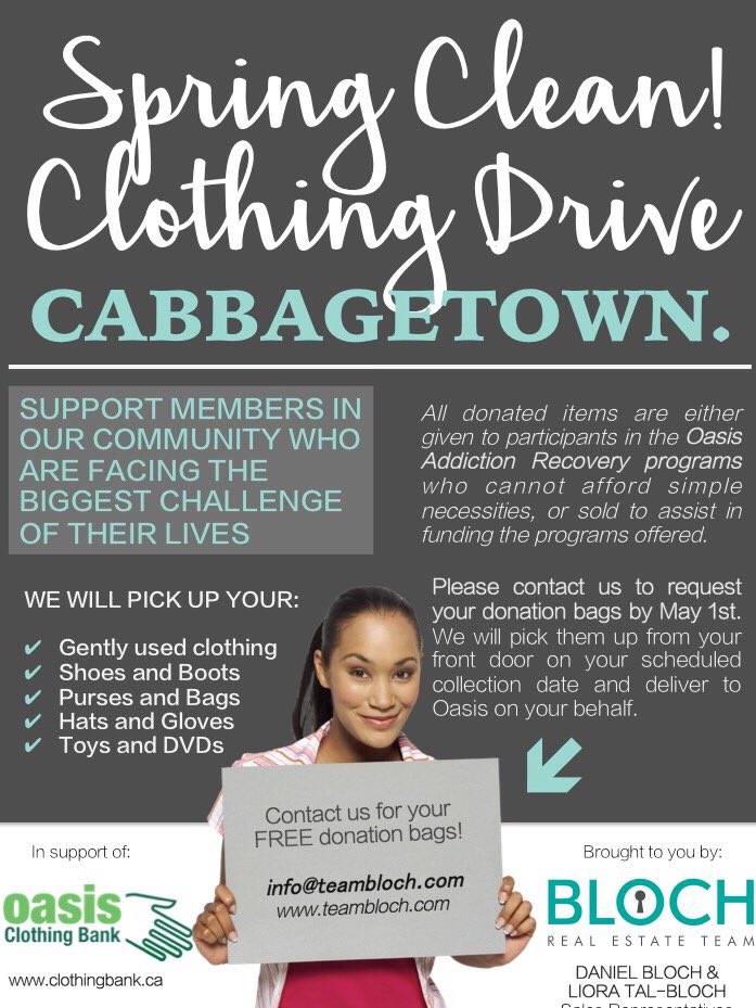 OasisDonate's tweet photo. ATTN CABBAGETOWN @TeamBloch is hosting its Spring Clean Clothing Drive contact #TeamBloch 4 ur free bags https://t.co/LasY4A55YD