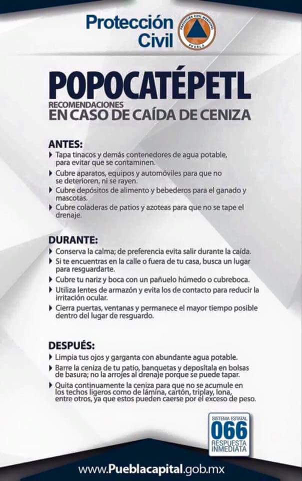 Teatropolis's tweet photo. Tome en cuenta estas medidas sobre caída de ceniza del #Popocatepetl #Puebla https://t.co/mi8bNt96GT