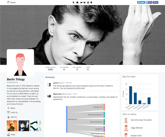 CattoirEric's tweet image. Natural language analysis of Bowie personas using IBM Watson Personality Insights bit.ly/1QhxSyL
