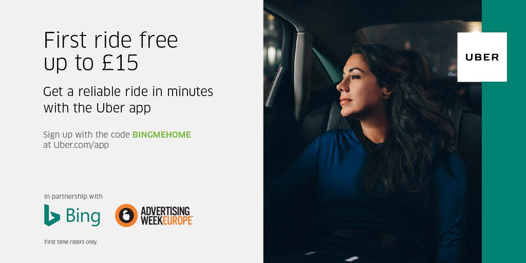 #Bing treats you all at #AdWeekEurope and offer £15 off new <a href="/UberUK/">Uber UK</a> users first trip! Just use the code BINGMEHOME