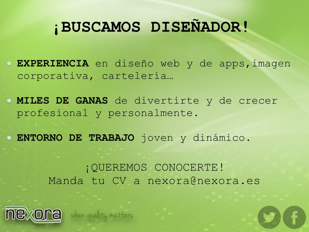 NexoraSolutions's tweet photo. Si eres diseñador gráfico y buscas trabajo, seguro que te engancha nuestra oferta de empleo ;) #empleoweb https://t.co/rKZWtAaTKe