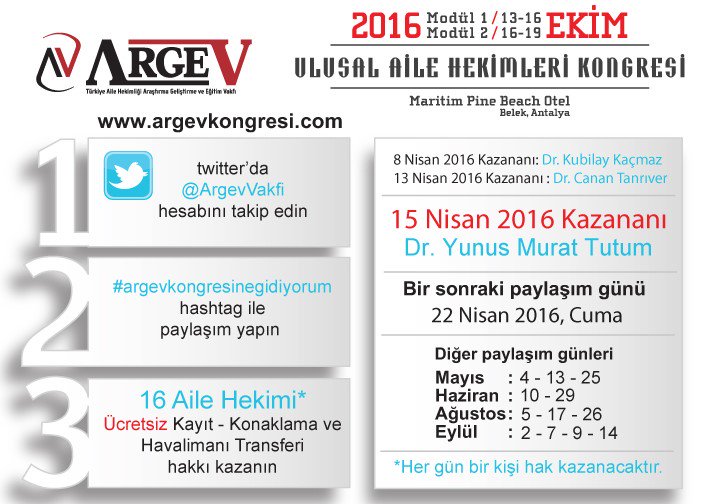 15 Nisan kazanan <a href="/yumutu/">Dr.Yunus Tutum</a> Dr. Yunus Murat Tutum Ücretsiz Katılım sonraki gün 22 Nisan 2016 #argevkongresinegidiyorum
