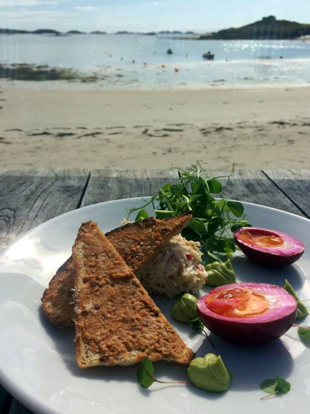 Lunch in the sunshine! Today's special: Dressed crab with brown crab on toast, beetroot boiled eggs &amp; avocado purée