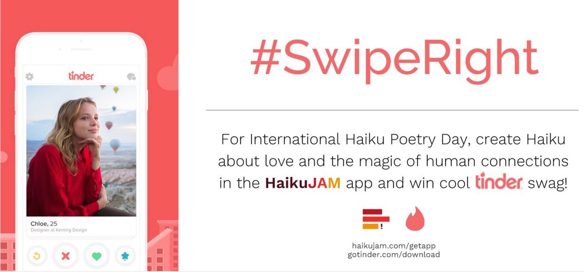 Yesterday, #Tinder & @HaikuJAM collaborated for #InternationalHaikuDay celebrations. More: ow.ly/4mO5wO