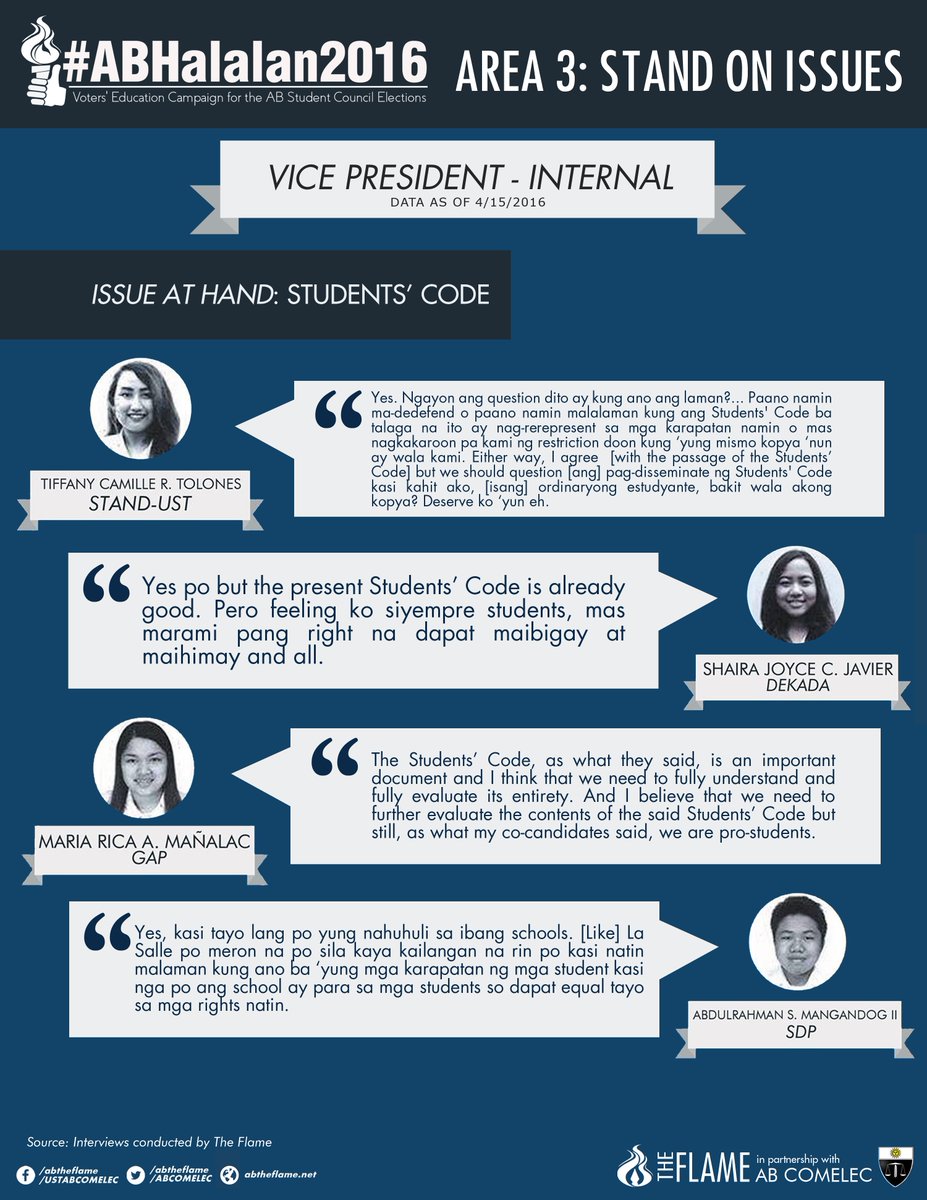 abtheflame's tweet photo. Know your VP-Internal candidates' stand on issues in the University and the Faculty. #ABHalalan2016 https://t.co/d8zOCLcUT9
