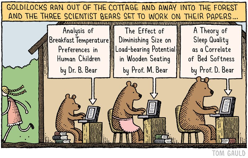 tomgauld's tweet photo. ‘Goldilocks and the Three Scientist Bears’ (a cartoon I made for for @newscientist) - https://t.co/fsASHFtcxH