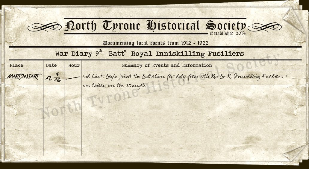 SommeMemHall's tweet photo. War Diary 9th Battn Royal Inniskilling Fusiliers 12 April 1916 https://t.co/G4Re3FvXNc