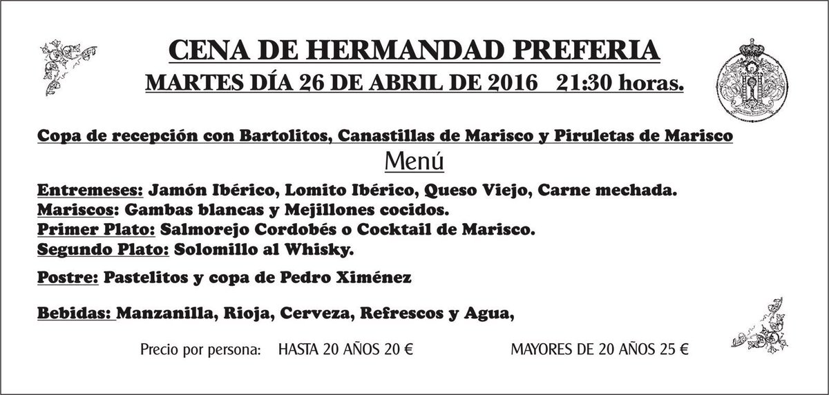 HdadVeraCruzDH's tweet photo. Quieres asistir a la cena pre-feria de tu hermandad? No lo dudes y apúntate en ntra casa hermandad. https://t.co/X4P9hHtn5M