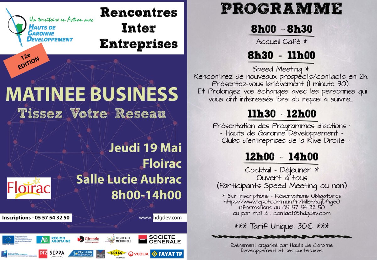 hdgdev's tweet photo. Matinée Business : Les Rencontres Inter Entreprises auront lieu le Jeudi 19 mai Salle Lucie Aubrac à Floirac. https://t.co/7wLyhYtdgg