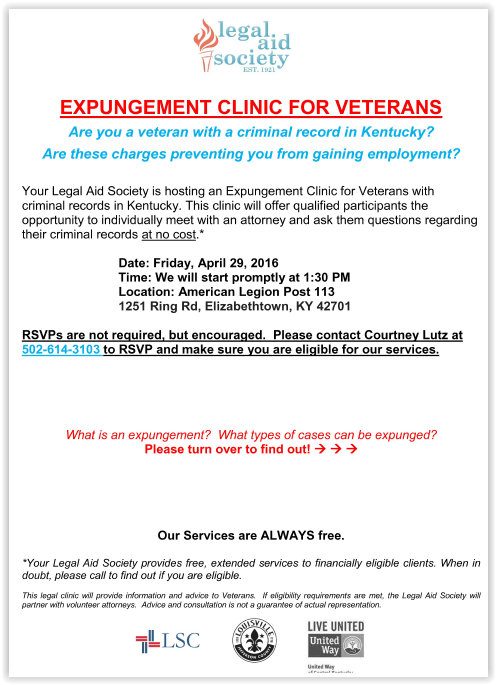 Veterans in the Hardin County and Fort Knox area, we will be holding an expungement clinic on Friday, April 29.