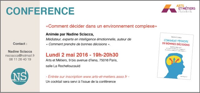 #conférence sur l'Art de décider par Nadine Sciacca le 2 mai #paris
Infos&amp; inscriptions sur arts-et-metiers.asso.fr/index.php/mani…