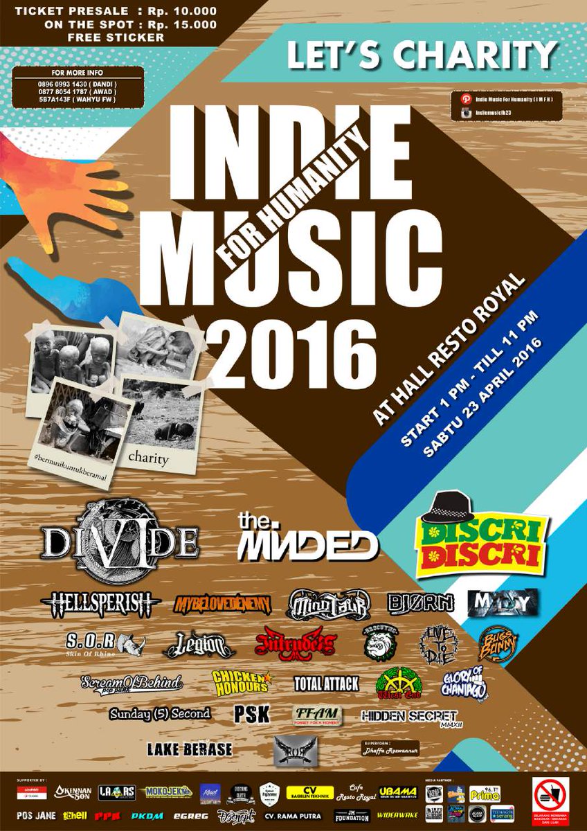 indiemusicfh's tweet photo. INDIE MUSIC FOR HUMANITY 2016
23 April, Cafe Resto Royal. w/ @DIVIDEjkt @theminded @discridiscri Presale:10k (Amal) https://t.co/nvmSEDGine