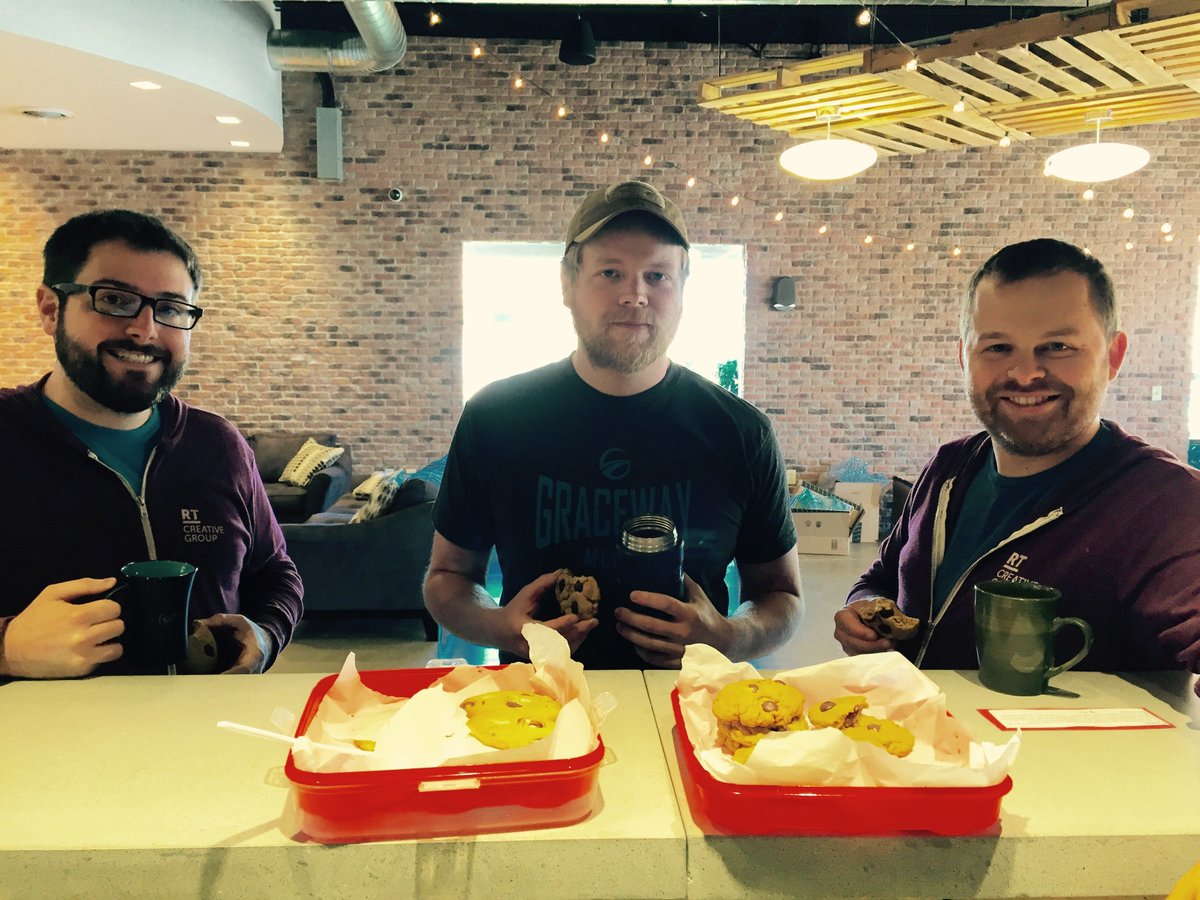 RTCreativeGroup's tweet photo. The development team takes a break to celebrate Corin’s birthday with coffee and homemade cookies! #rtcreativegroup https://t.co/cxYWUnPoem