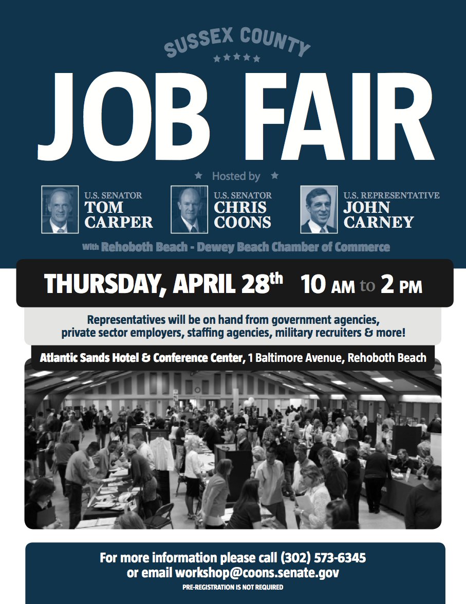 Don't miss our Sussex County Job Fair w Rehoboth-Dewey Chamber of Commerce on April 28! <a href="/SenatorCarper/">Senator Tom Carper</a> <a href="/JohnCarneyDE/">Mayor John Carney</a>