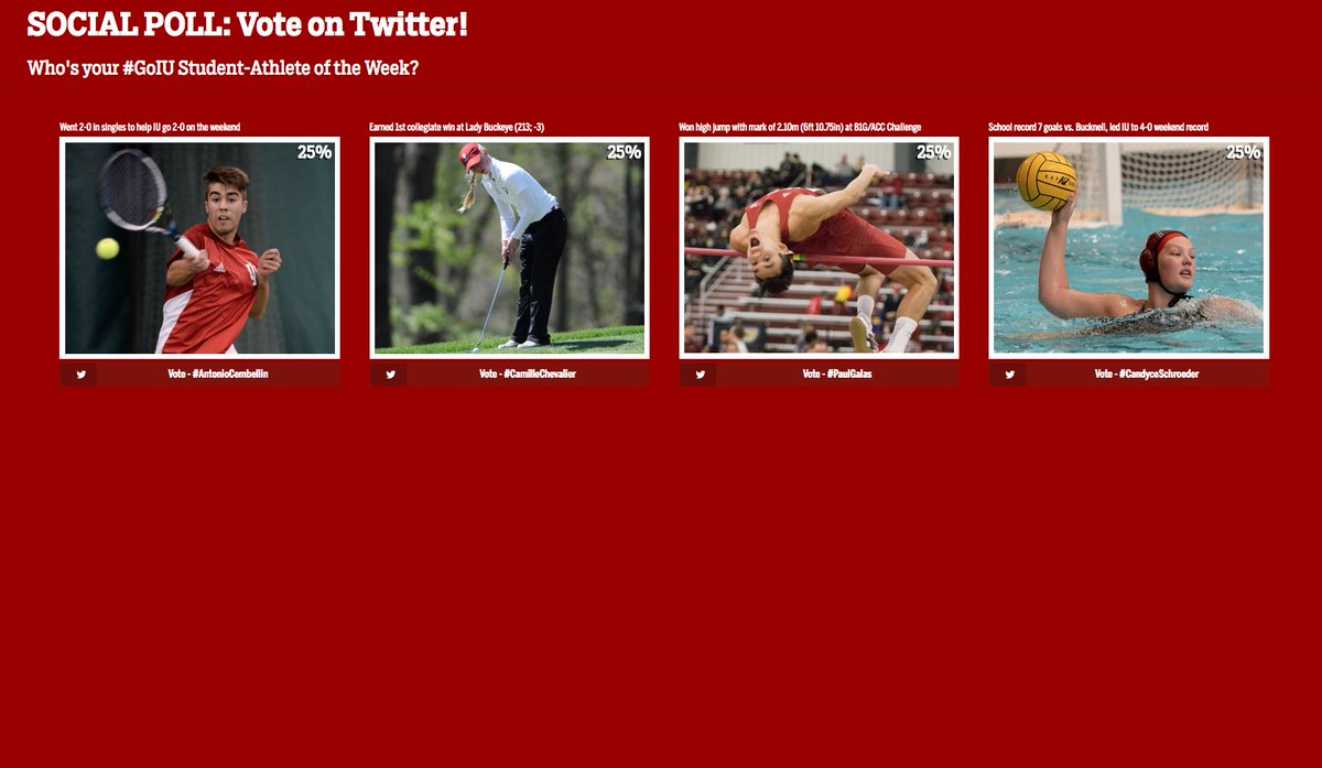 IUHoosiers's tweet photo. It's ⏰ to vote in an all new #GoIU Student-Athlete of the Week poll! Vote ➡️ https://t.co/kL5FuPgoUj https://t.co/QKNGA572h4