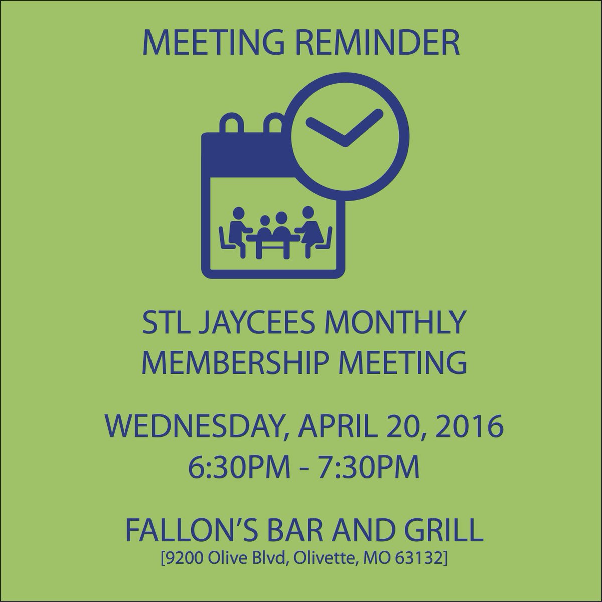 STL Jaycees monthly membership meeting this Wednesday April 20, 2016 at Fallon's Pub (9200 Olive St)! #BeThere