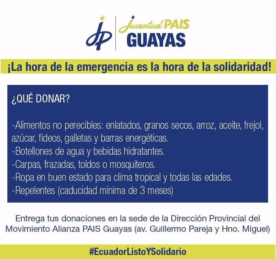 RonnyAleagaS's tweet photo. #EcuadorListoYSolidario Ayuda con donaciones para las personas afectadas por el #SismoEcuador https://t.co/LlMsRwmzJt