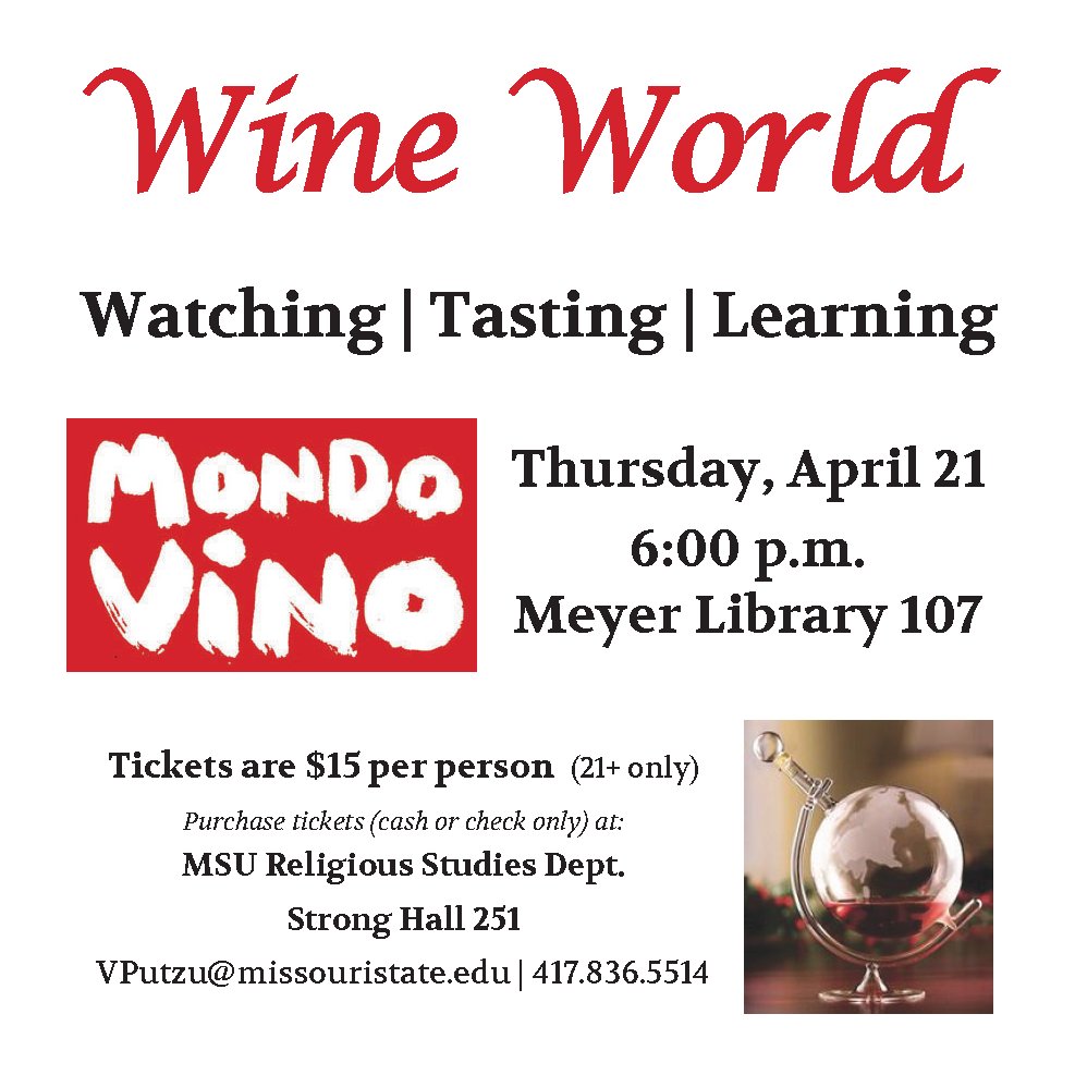 LibrariesMSU's tweet image. This Thursday in #MeyerLibrary - &quot;WineWorld: An Evening of Watching, Tasting, and Learning&quot; missouristate.edu/relst/Events.h…