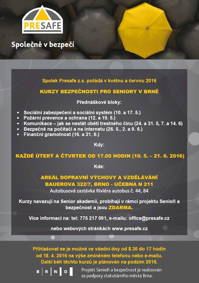 CSSolutionsCZ's tweet photo. #presafe Od 10.5.16 začínají kurzy #bezpečnost-i pro #senior-y v #Brno https://t.co/f7Vwb2lZRJ https://t.co/MhYo1RBawI