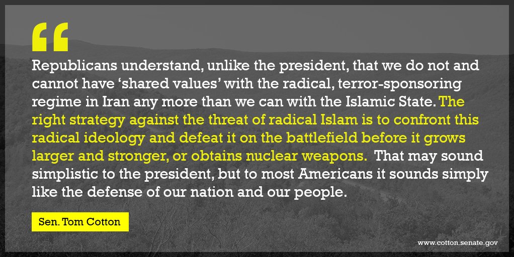 SenTomCotton's tweet photo. I delivered the Weekly #GOPAddress on defeating Islamic terror. WATCH: https://t.co/CYra7ilhqe https://t.co/JQTbuJHXvL