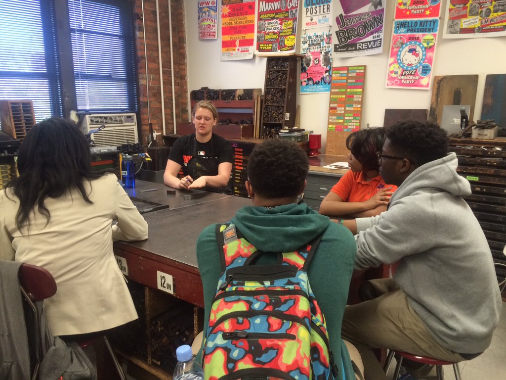 WAYMDesignTeam's tweet image. Printing letterpress posters about school climate today @GLOBEatMICA for principals! @wideangleym