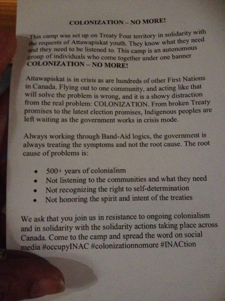 rnrolljo's tweet photo. #OccupyINAC #ColonizationNoMore #solidaritywithAttawpiskat #yqr https://t.co/fov1c8qcUv