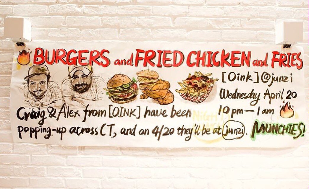 JunziKitchen's tweet photo. .@Oinkchef is serving burgers and fried chicken and fries for Night Lunch this Weds 4/20, 10pm – 1am. 🔥🔥 #nhv https://t.co/mYwTfAFtSh