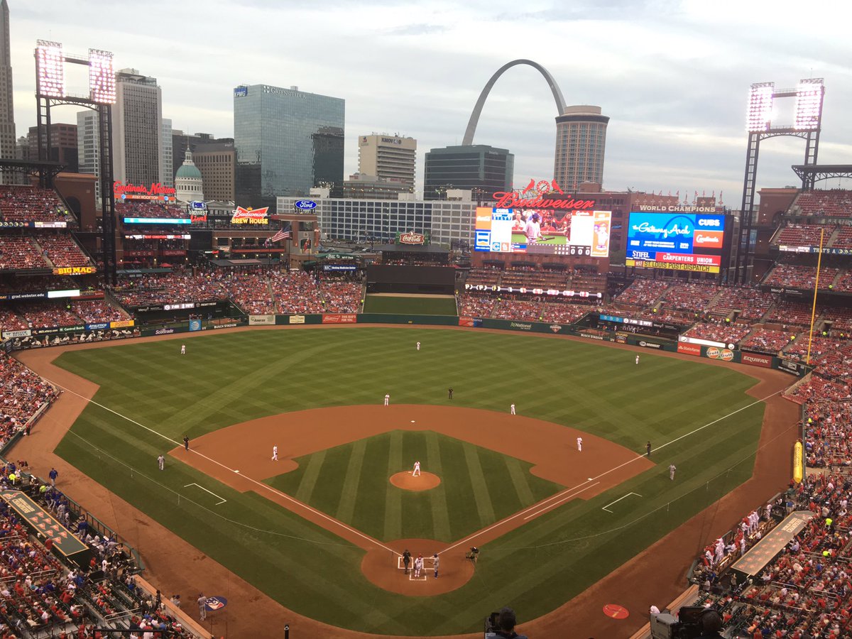 Cardinals's tweet photo. Game time from Busch Stadium: #STLCards Mike Leake (0-1, 6.97) vs. #Cubs John Lackey (2-0, 5.68) https://t.co/mGaN44DE2O