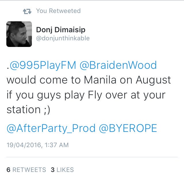 BraidenWliveMNL's tweet photo. WOODIES &amp; PHRIENDS OF MANILAA

If u want Braiden back in Manila, REQUEST FOR FLY TO BE PLAYED OVER AT @/995PlayFM https://t.co/MUGZSIlZIi