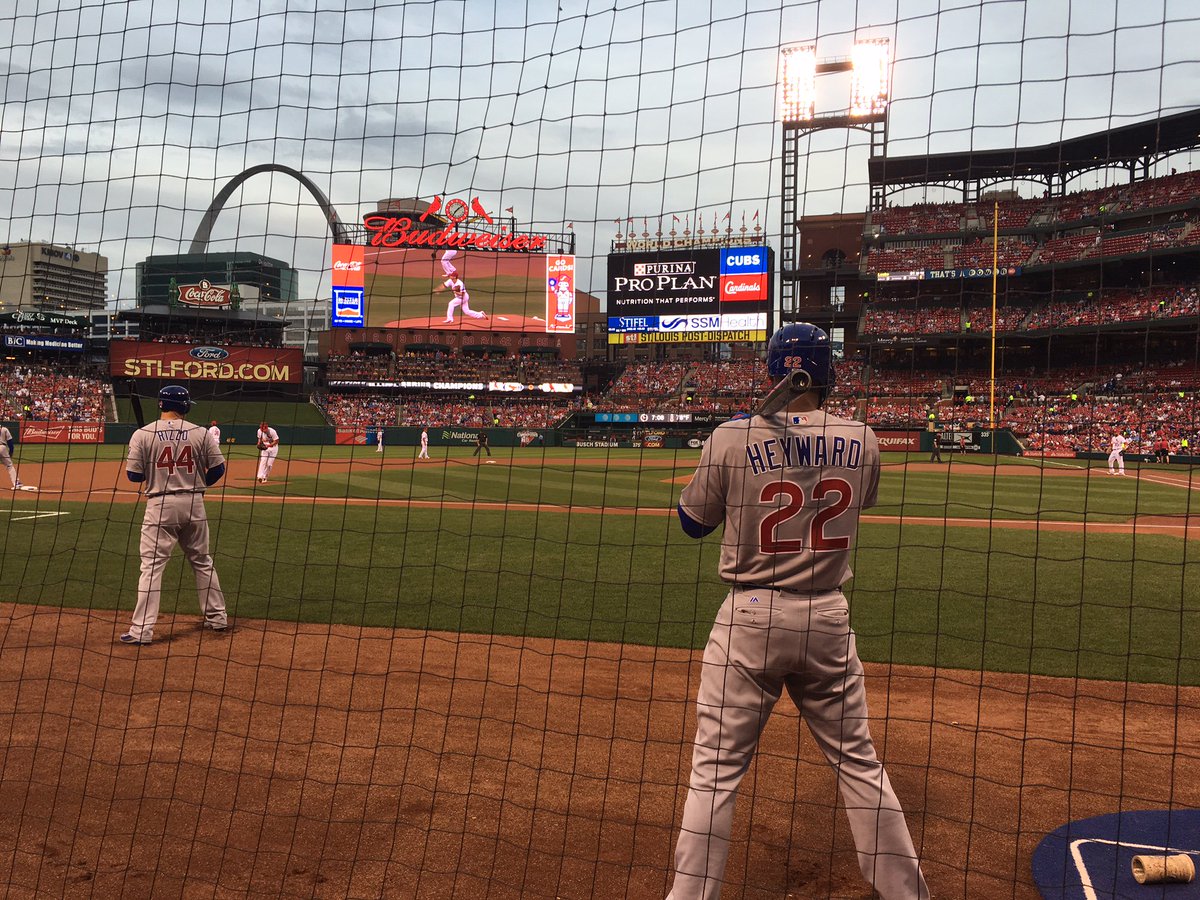 Cubs's tweet photo. Three Ks for John Lackey through two scoreless innings.

#Cubs 0, #STLCards 0. #LetsGo https://t.co/7ZbXdMkiyy