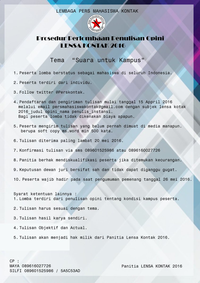 Selamat pagi semua! Yuk ikuti lomba #LensaKontak2016. Free, dan jangan lewatkan hadiahnya ya!