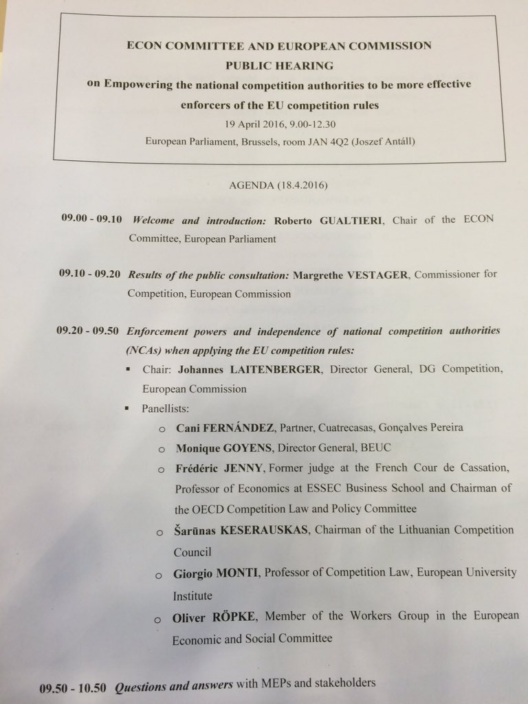 Effective enforcement of EU competition law by empowering national competition authorities - public hearing in EP/EC