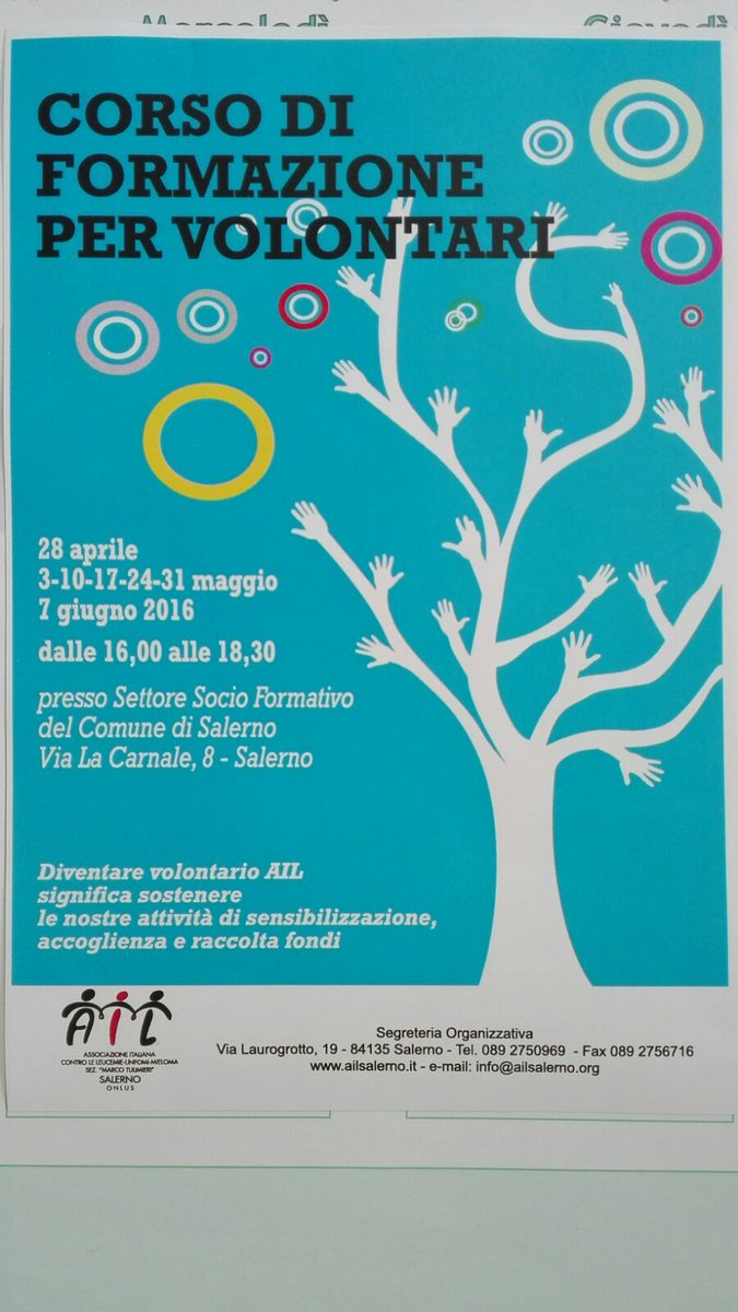 Corso di Formazione per nuovi VOLONTARI AIL. vi aspettiamo!! <a href="/CSVSalerno/">Sodalis ETS - CSV Salerno</a> <a href="/fieravecchia/">Progetto Giovani</a> <a href="/CittadiSalerno/">la Città di Salerno</a>