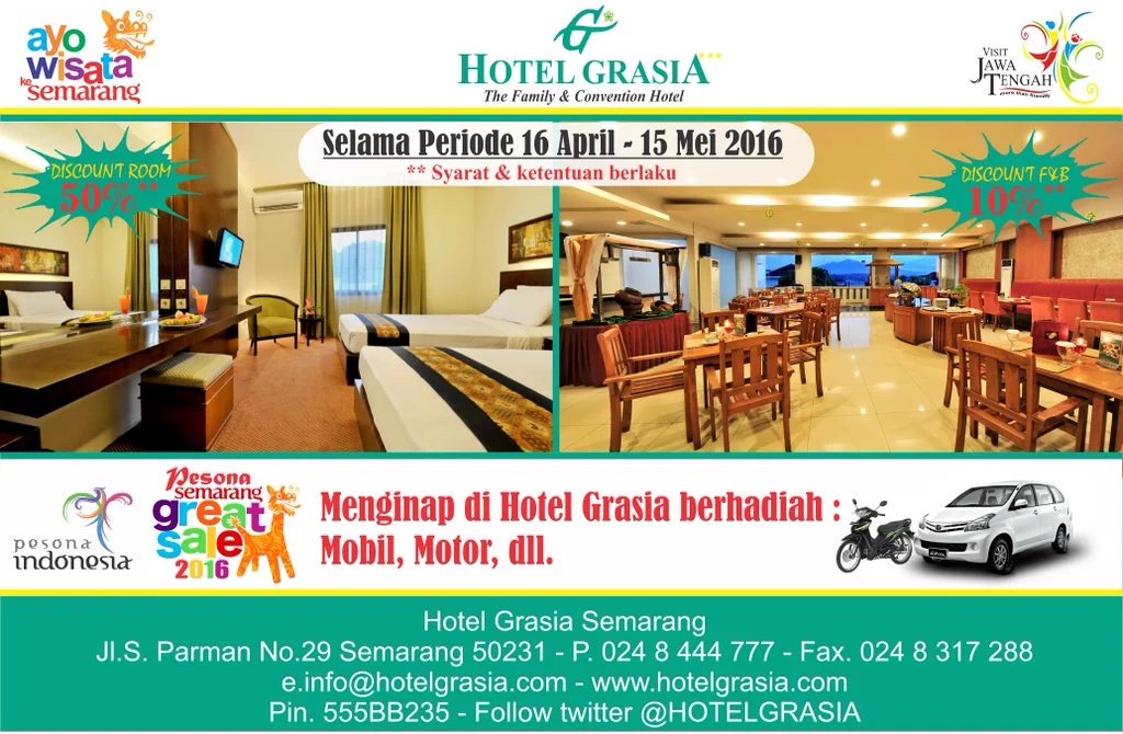 #SemarangGreatSale <a href="/HOTELGRASIA/">Hotel GrasiA</a> Discount Room 50%
Discount Food &amp; Beverage 10%
Syarat &amp; ketentuan berlaku