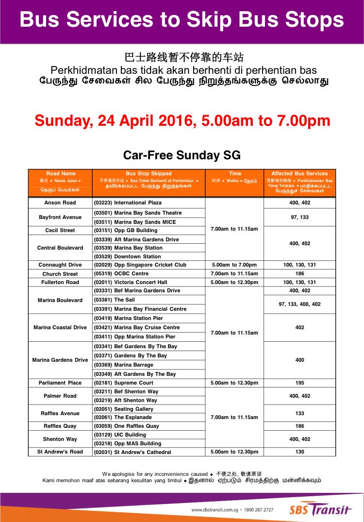 Services 97, 100, 130, 131, 133, 186, 195, 400 &amp; 402 will be affected by road closures for the Car-Free Sunday SG.