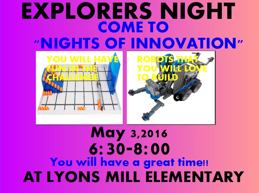 LMESRobotics's tweet photo. Thx for following. #LMESquad invites you to @BaltCoPS @LyonsMill Night of Innovation. May 3rd #LCE #VEXIQ #LMESNOI https://t.co/OnrX4EydBv