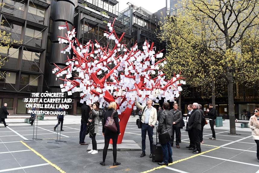 GuardianBooks's tweet image. Great to see this installation by @MontgomeryGhost with thousands of poems in LDN's Finsbury Av Square #PayWithAPoem