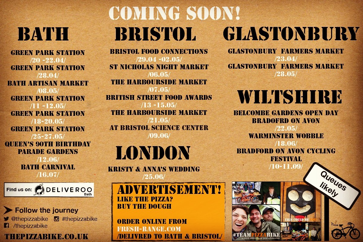 thepizzabike's tweet photo. Find us offline at @GPS_Bath @SFMMarkets @HarbourMarket @Bristolconnect and online at @freshrange &amp; @Deliveroo_BTH https://t.co/aAoeXkxaZC