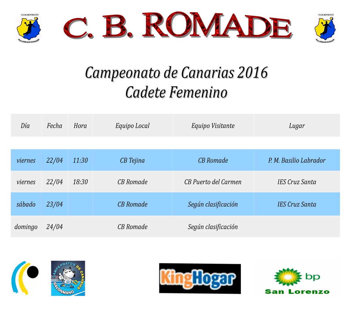 Horarios para el Campeonato de Canarias. Cadete Femenino