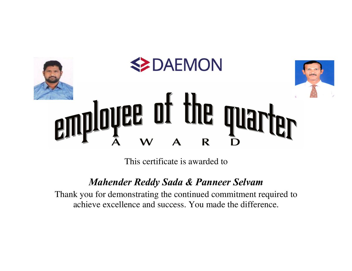 software_daemon's tweet photo. We would like to congratulate Mahender Reddy Sada and Panneer Selvam for achieving the Best Employee of the 4th Qtr! https://t.co/Cf9ZWR6KJJ