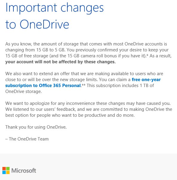 garethmc's tweet image. So Microsofts mail shot wrt #onedrive &amp;amp; the ruckus it caused with #importantchanges Think I&apos;ll pass on $69.99 yr sub