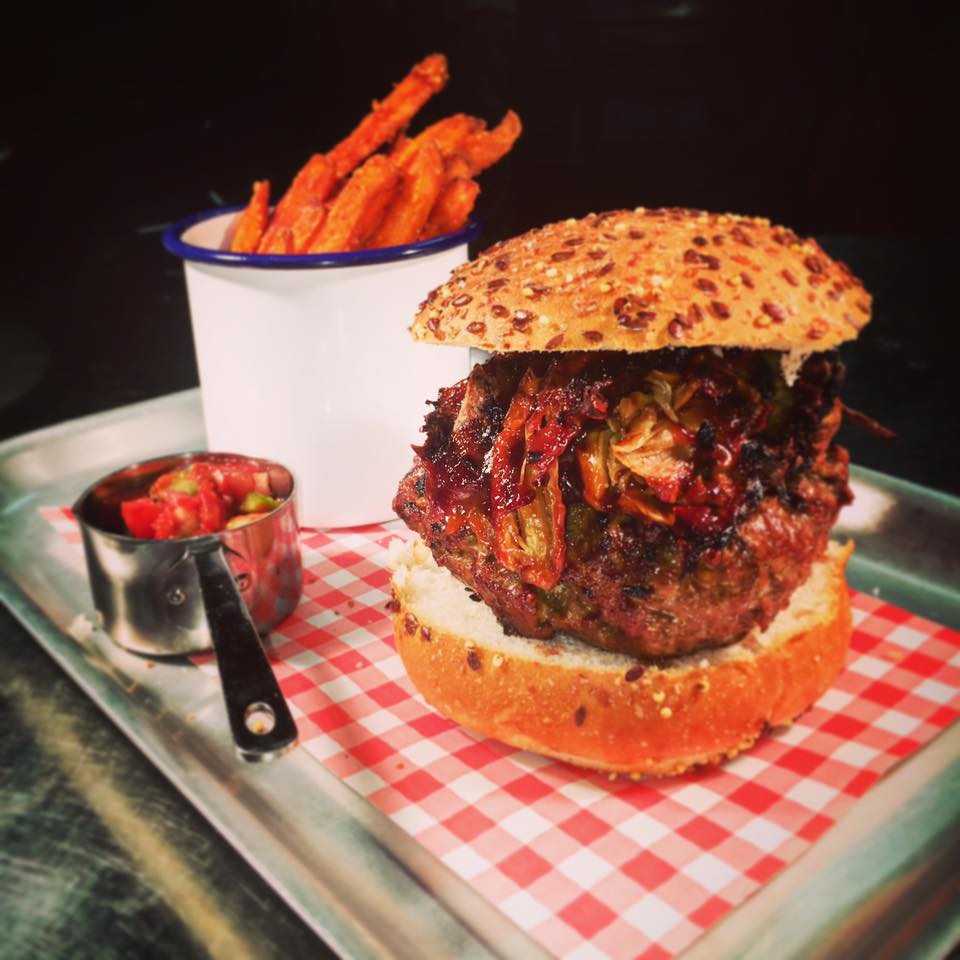 THE PORKER - our signature burger topped with bbq pulled pork served with sweet potato fries #lymmhq #warrington