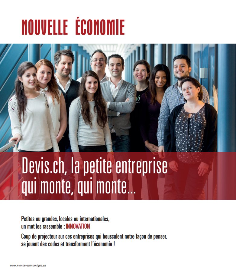 _devis_ch's tweet image. Découvrez l'équipe de Devis.ch dans le magazine "Le Monde Economique" du mois d'avril ! #devis #suisse