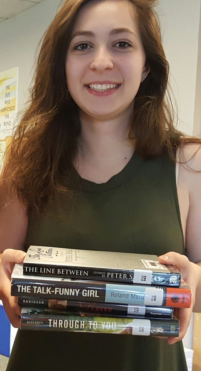 NHSHSLibrary's tweet image. #BooksSpinePoetry. #NationalPoetryMonth "The line between the talk-funny girl played through to you"