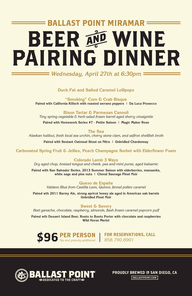 BallastPoint's tweet photo. Hmmm, this "Beer" dinner is a bit different...bringing wine along for the ride...at our Miramar location tomorrow... https://t.co/Th3X7XjQIN