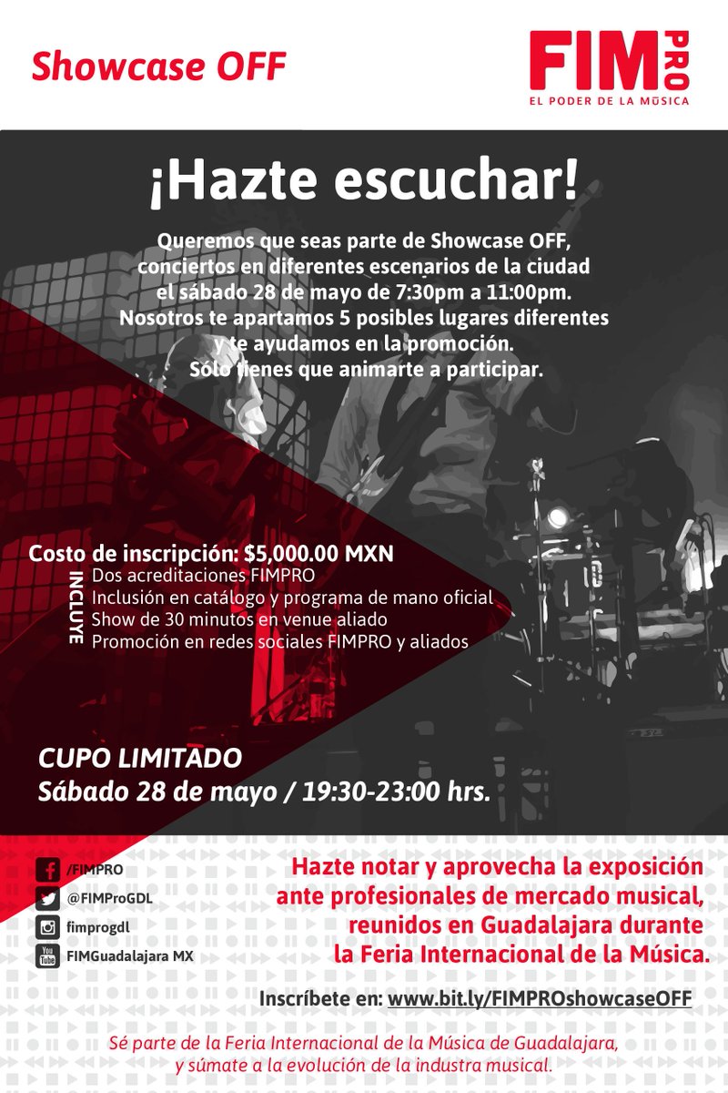 FIM_GDL's tweet photo. ¡Atención músicos!
¿Quieres tocar en marco de #FIMPRO con acceso completo a la feria? ¡Inscríbete a #ShowcaseOFF! https://t.co/v2LWIazAxI