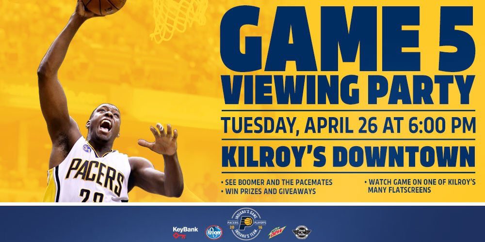 Pacers's tweet photo. If you're 21 or older, watch Game 5 with Pacers fans in Indy tonight. #PacersPlayoffs Viewing Party at @kilroysindy: https://t.co/FG8ORY0SKA