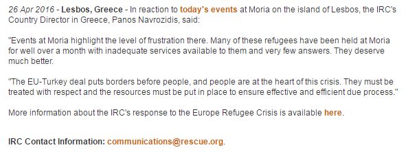 RESCUEorg's tweet image. "Events at #Moria highlight the level of frustration there." Our statement: bit.ly/1T2UrJe