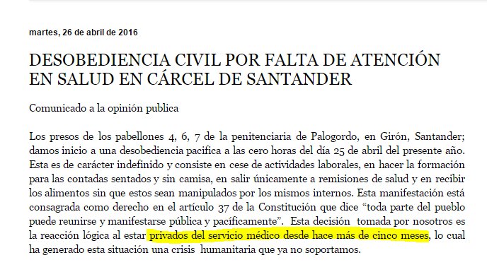 equipojuridico's tweet photo. Desobediencia por falta de atención en salud en cárcel de Santander. Cinco meses sin médico: https://t.co/eTX1zzFqjC https://t.co/R4XPzFmNvB